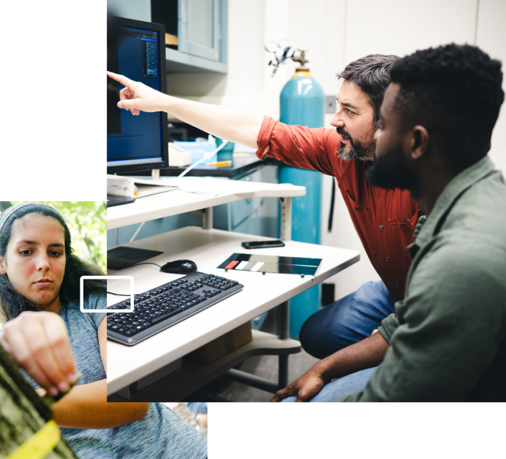 bottom left image is of student working with her hands outside and top right image is of two male students with professor in classroom