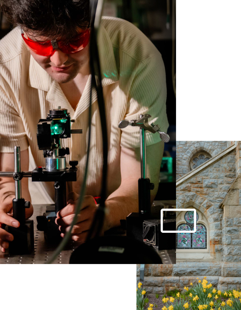 A student wearing red protective goggles adjusts equipment emitting a green laser in a laboratory setting. Smaller images show the exterior of a stone campus building with stained glass windows and blooming yellow flowers.